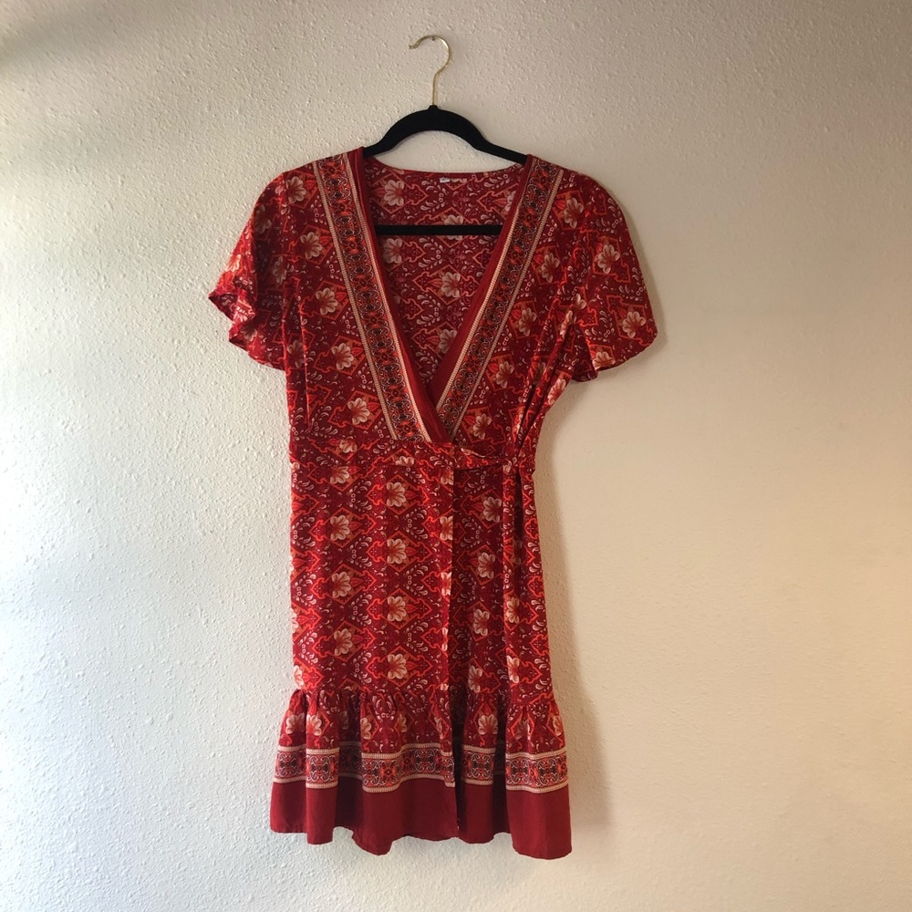 Red Patterned Wrap Dress Size Large